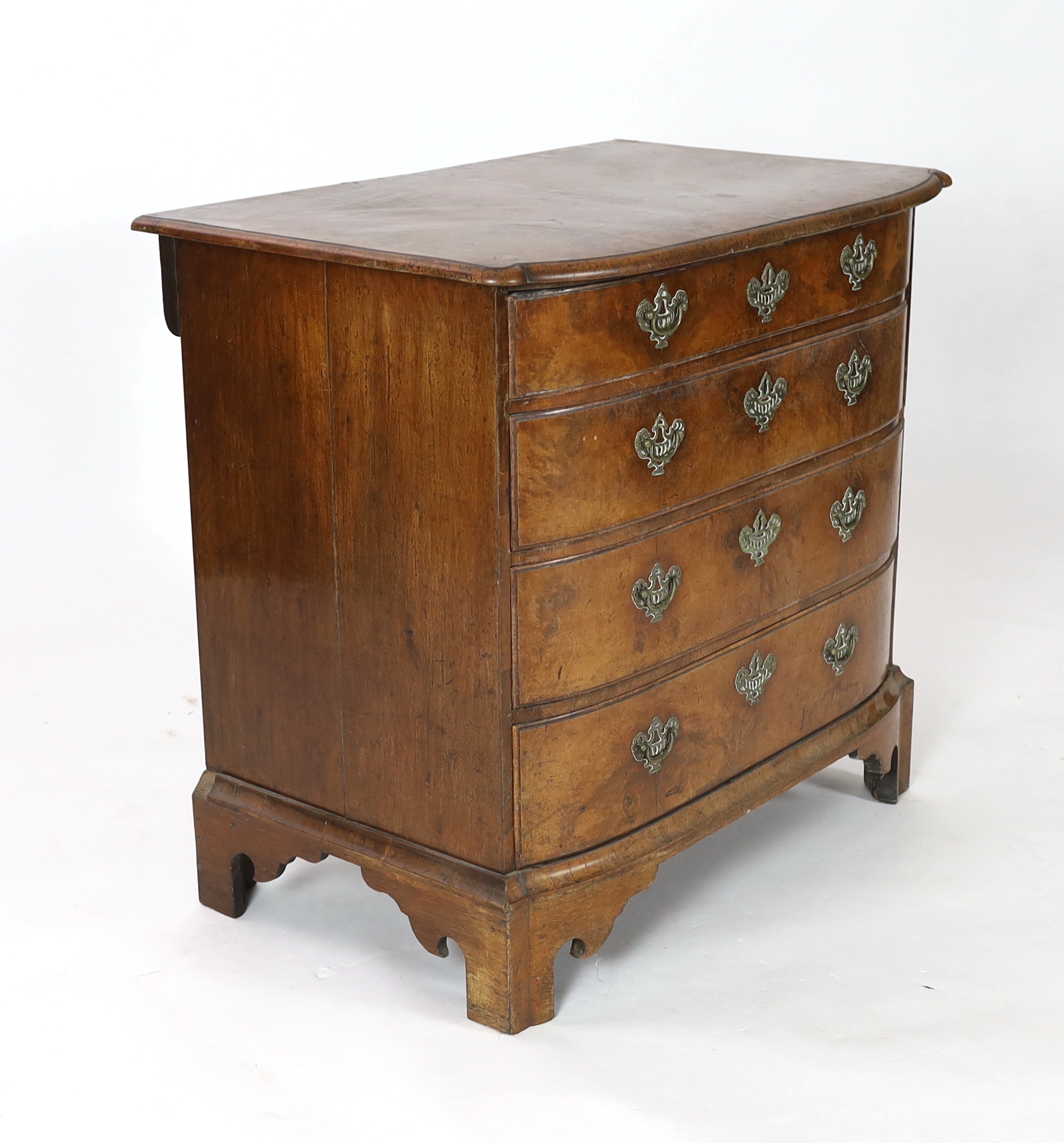 An 18th century Dutch walnut bowfront chest, 89cm wide, 57cm deep, 84cm high